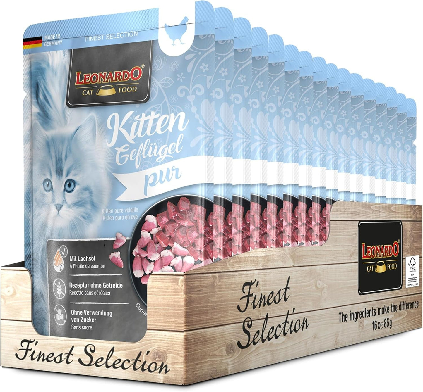 LEONARDO Fresh sáčky [16 x 85 g vlhké krmivo pro kočky, bez obilovin] | Kompletní mokré krmivo v jednotlivých sáčcích