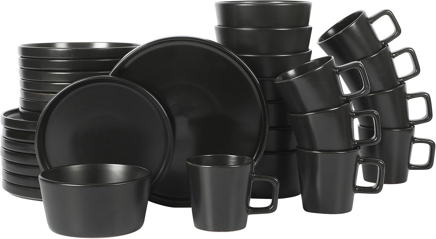 Sada Bowery Dinnerware, 32 dílná, matná černá, kamenina, talíře, misky a hrnky, slouží 8