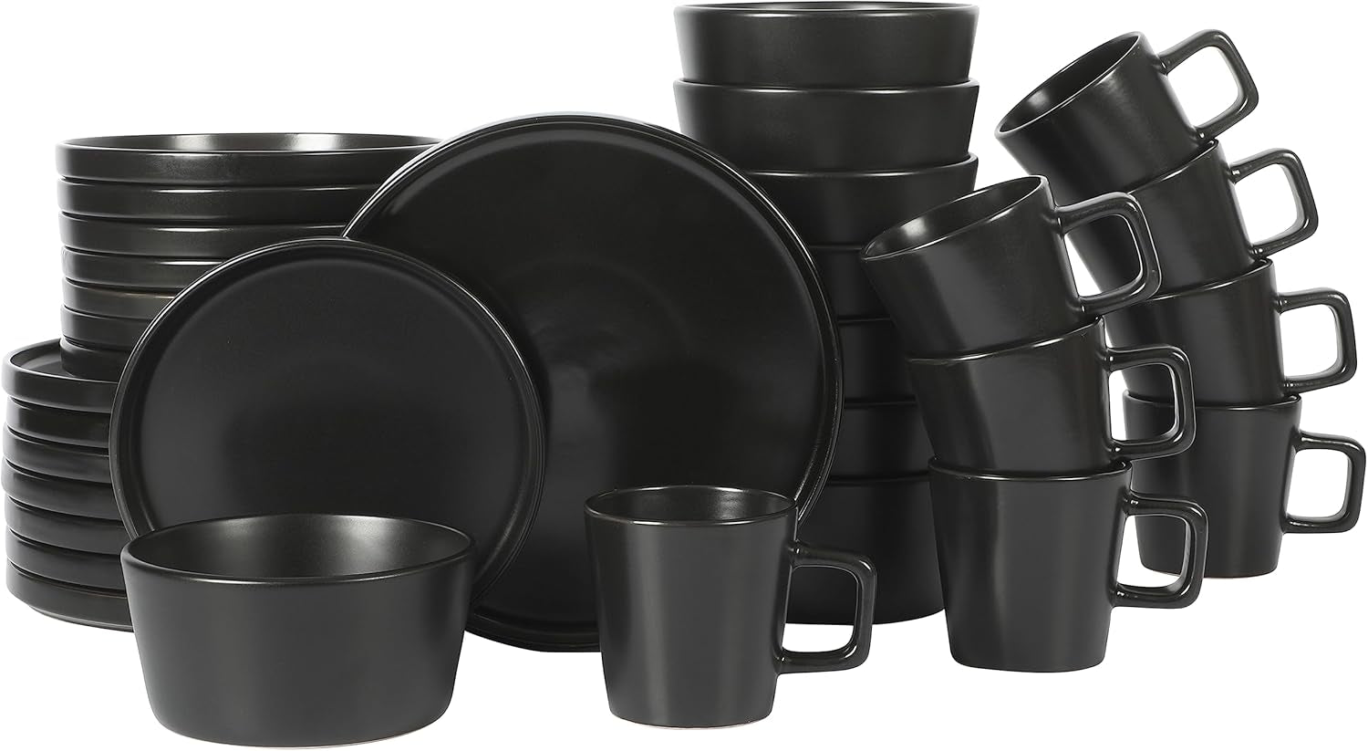 Sada Bowery Dinnerware, 32 dílná, matná černá, kamenina, talíře, misky a hrnky, slouží 8