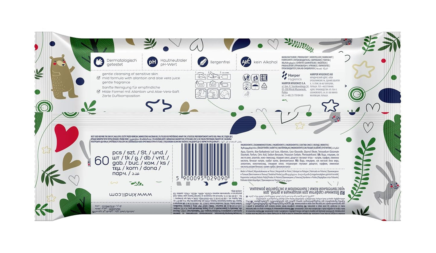 Kindii Natural Balance vlhčené ubrousky pro miminka – (1 x 60 ks) Vlhčené ubrousky pro miminka a děti – Ochranné, Aloe Vera, Jemná vůně – 60 ks.