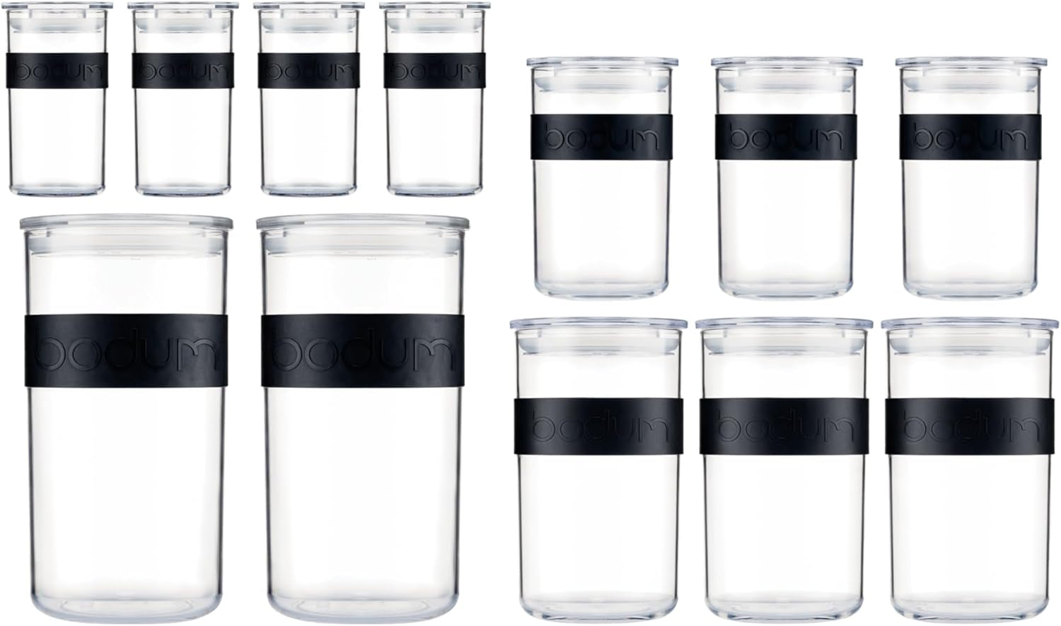 Skladovací dózy BODUM PRESSO, plastové, černé, 4 x 0,25 l, 3 x 0,6 l, 3 x 1 l, 2 x 2 l Dózy na potraviny Naty Shop