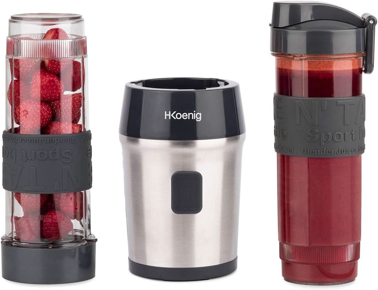 H.Koenig Smoothie Maker SMOO9 - Mini stojanový mixér - Mini mixér - 300 Watt - 570 ml - Edelstahl - 2 Kunststoffflaschen - Bpa-Frei, Grau Kitchen Naty Shop