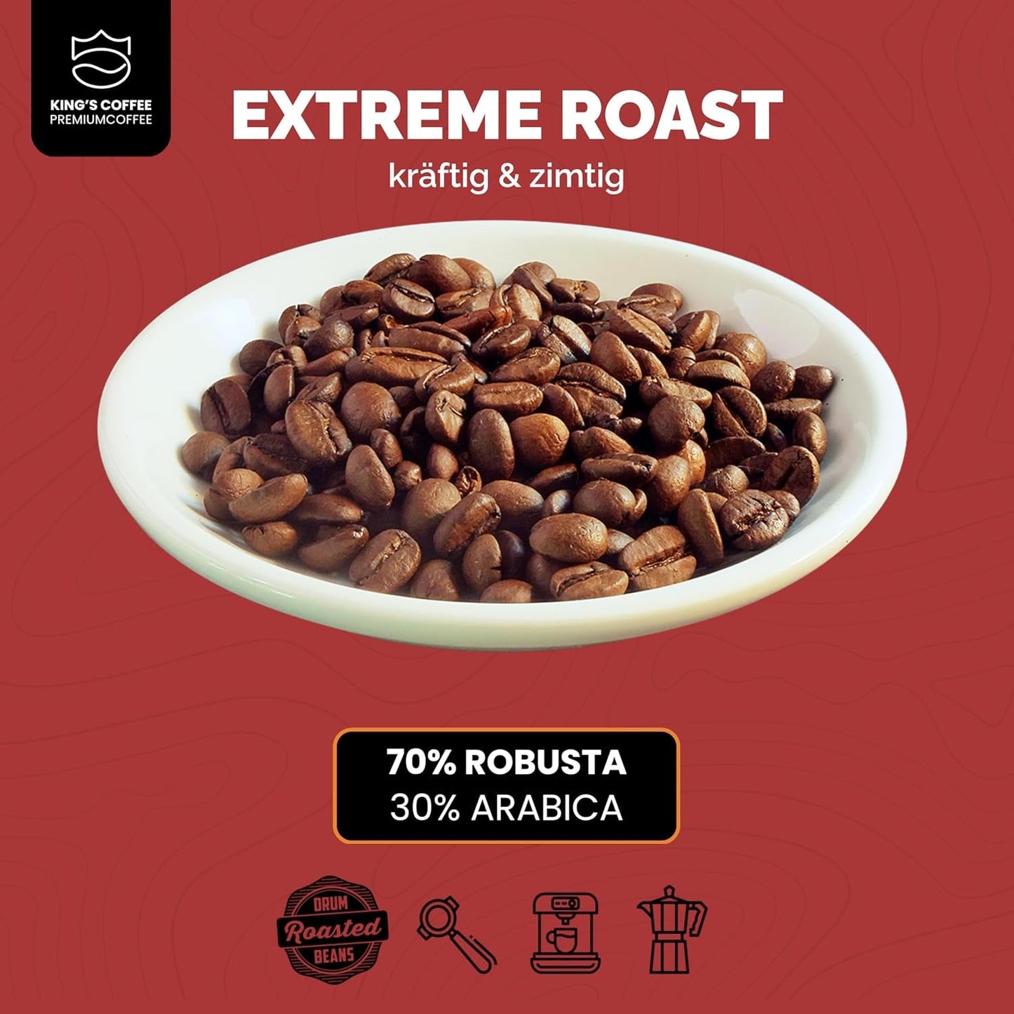 KING'S COFFEE - EXTREME ROAST - Espresso Intenso zrna - velmi nízká kyselost - malodávkové pražení z Itálie - kávová zrna pro plně automatické stroje a portafiltrační stroje - 1 kg