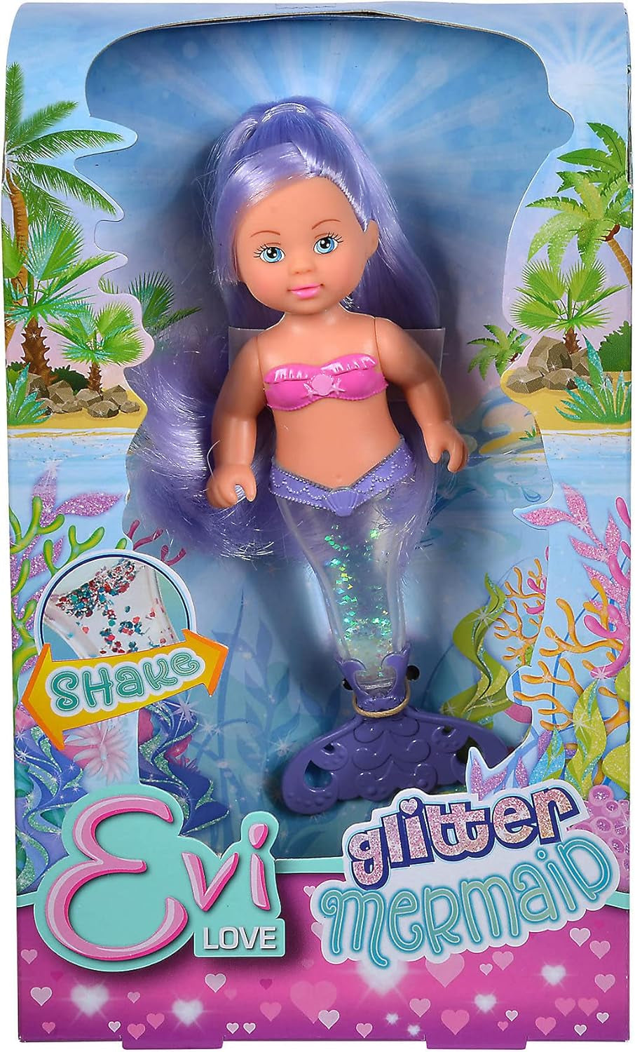 Simba 105733482 - Evi Love Glitter Mermaid, panenka mořské panny s ocasní ploutví, která při zatřesení svítí. Je poskytována pouze JEDNA položka.