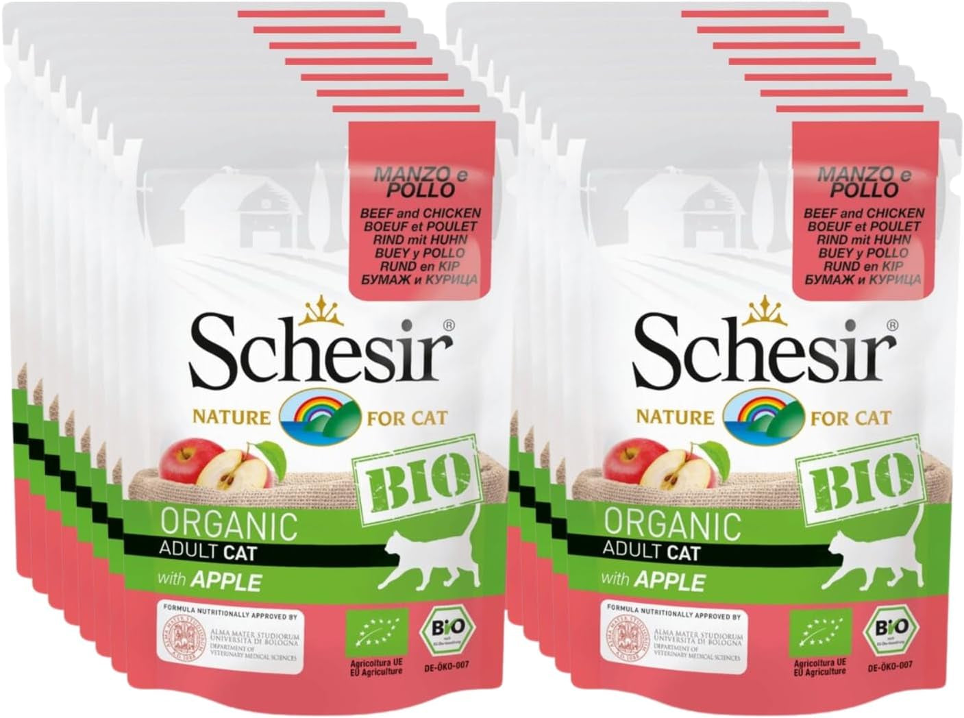 Cat Bio pro dospělé hovězí a kuřecí maso s jablkem, vlhké krmivo pro kočky, 16 sáčků x 85 g