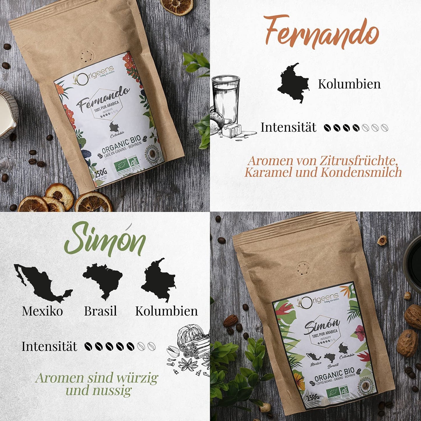 ORIGEENS Bio Kaffeebohnen Probierset 1kg | Premium Bio Arabica Kaffee Ganze Bohnen Set 4x250g | Tradiční Röstung | Kaffee Geschenkset
