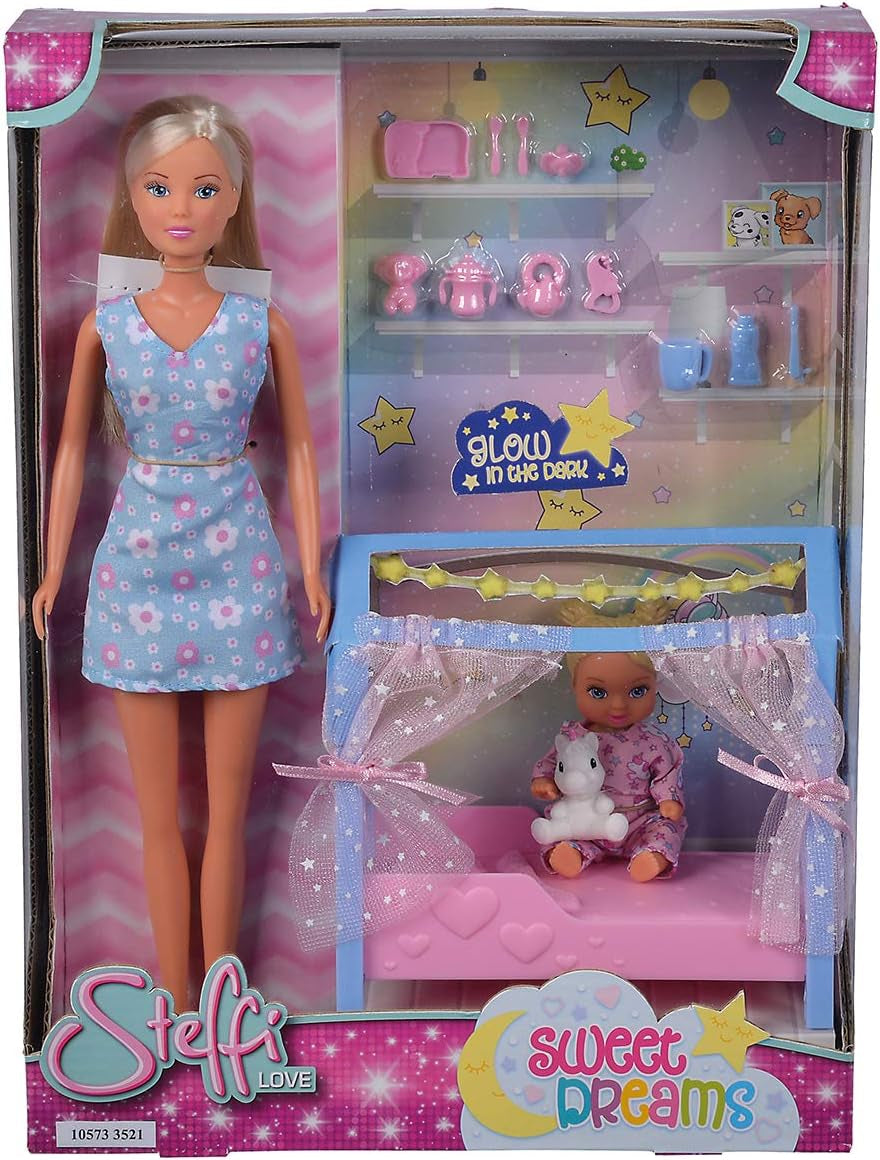 Simba Steffi Love Sweet Dreams / Roztomilá panenka a postýlka / s funkcí svitu ve tmě / 12 kusů / 29 cm / Pro děti od 3 let