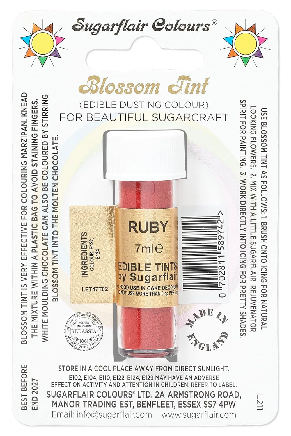 Potravinářské barvivo v prášku Sugarflair Blossom Tint Dusting Ruby - Potravinářské barvivo v prášku na zdobení barevné cukrové pasty, fondánu, polevy, čokolády, máslového krému, makronek - 7 ml
