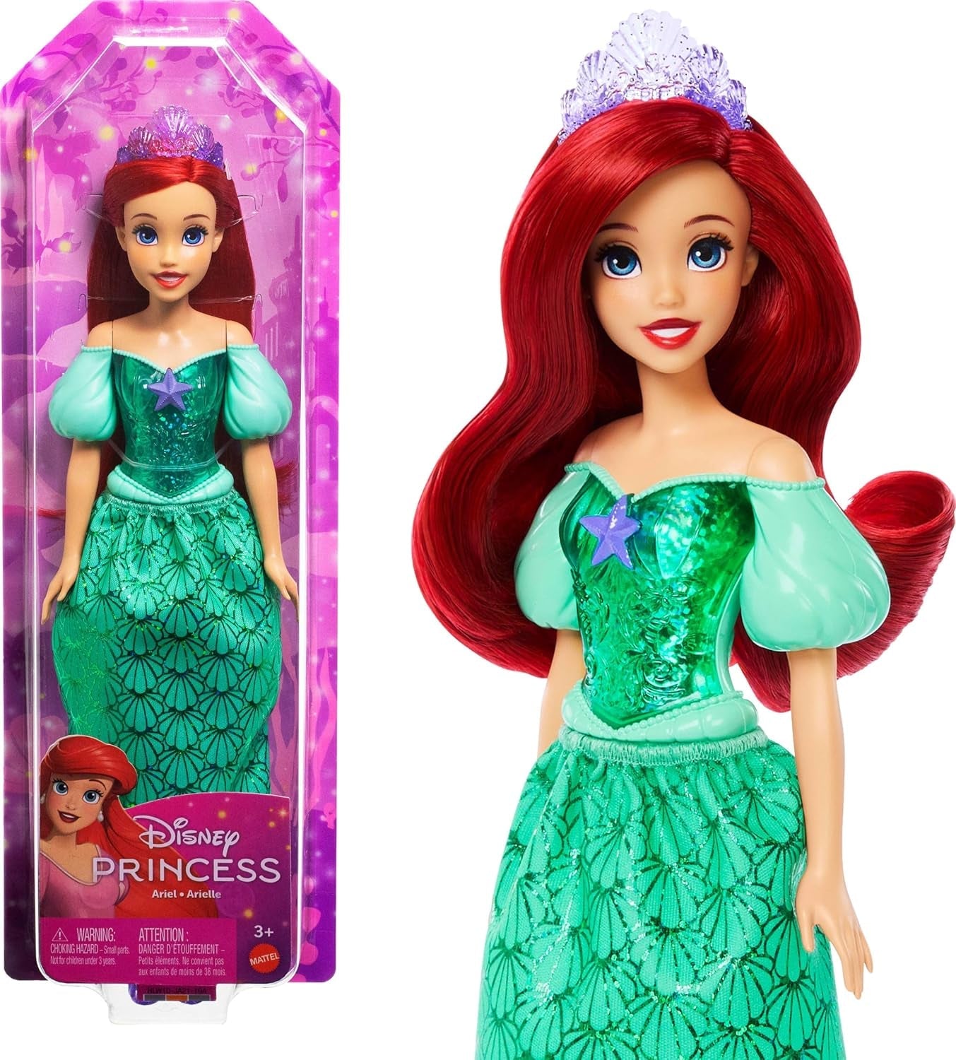 Panenka Mattel Disney Princess Ariel, dlouhé stylingové vlasy, polohovatelné, odnímatelné boty a čelenka, dárky Disney, hračka pro děti od 3 let, HLW10