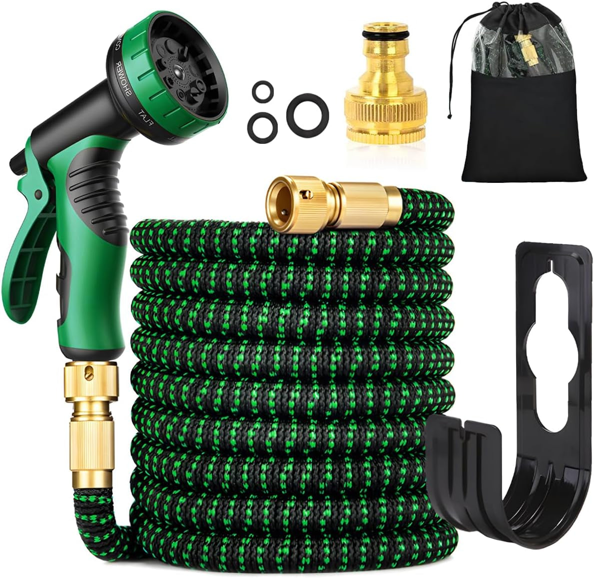 30 m/100 stop zelená flexibilní zahradní hadice s rozprašovací tryskou a 3/4" a 1/2" mosaznými konektory 10 funkcí 3násobně prodloužitelná bez zalomení prodlužovací vodní hadice pro zahradní terasové auto