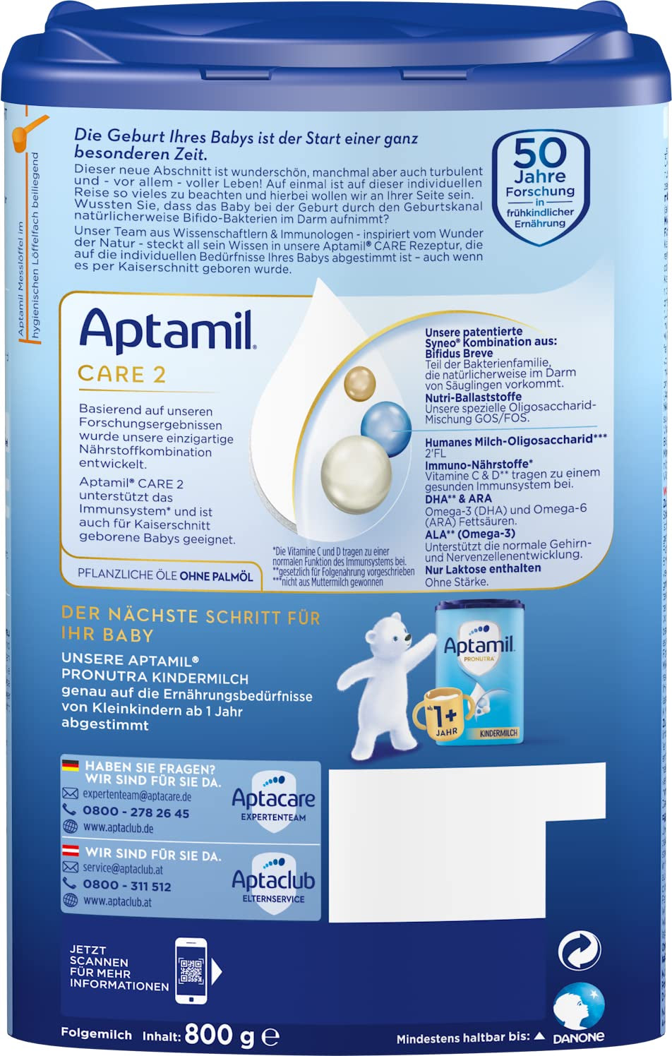 Aptamil Care 2 - Pokračovací mléko po 6 měsících, s Omega 3 a 6, DHA a ARA, bez palmového oleje, dětská výživa, sušené mléko, 1 x 800 g (balení 3 ks)