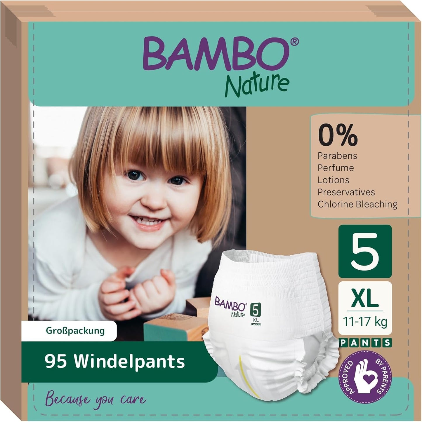 Bambo přírodní plenky, velikost 5 (11-17kg) - měsíční balení 95 | Pleny se zlepšenou ochranou proti protečení | Maximální pohodlí a svoboda pro aktivní děti | Dermatologicky testované plenky