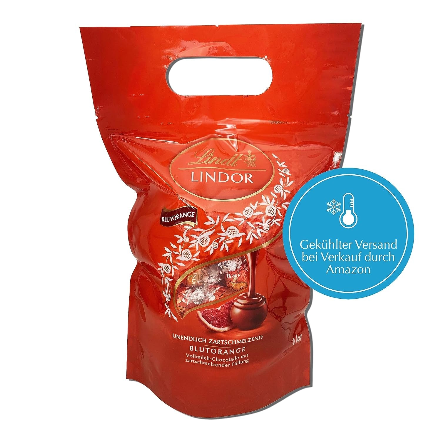 Lindt LINDOR Čokoládové kuličky červené oranžové | 1 kg uzavíratelný sáček | cca. 80 čokoládových bonbonů s náplní rozplývající se v ústech | Hromadné balení, čokoládový dárek