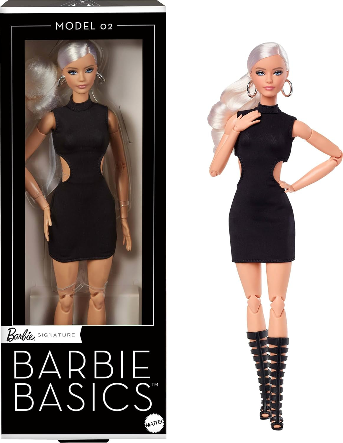 Sběratelská panenka Barbie Basics Model 2 s blond vlasy, černými minišaty a gladiátorskými botami, móda Universal Fit, pohyblivé tělo a vyměnitelná hlava, JBH71 Naty Shop Dolls Výchozí název
