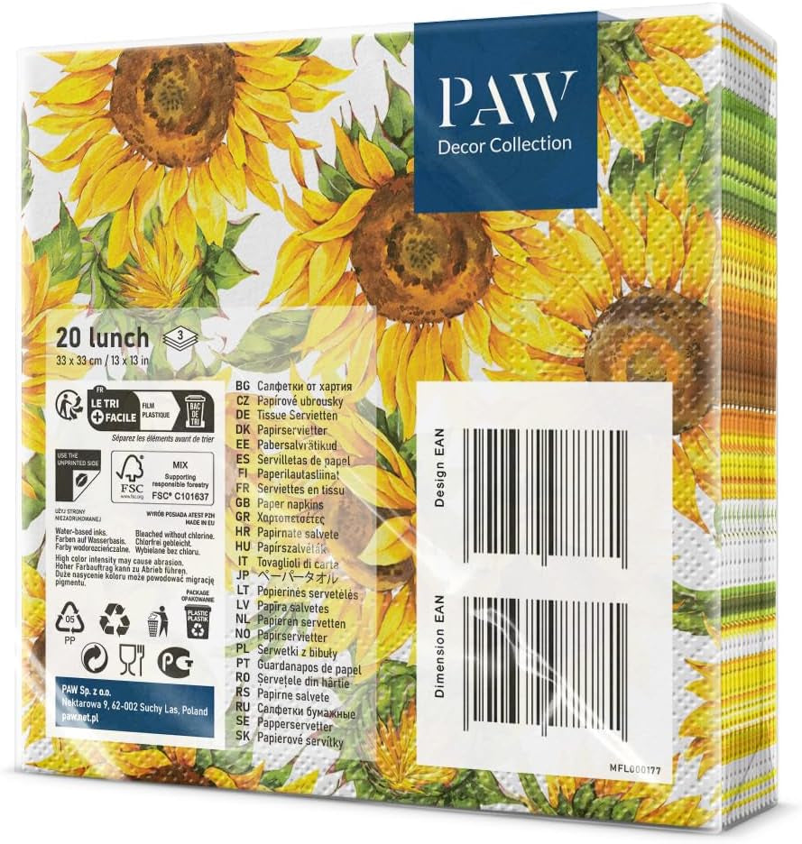 PAW - 3vrstvé ubrousky (33 X 33 cm) I 20 kusů I Ideální na narozeniny, večírky, rande I Podzimní dekorace na stůl I Barevné papírové ubrousky - Slunečnicové žluté lístky I Tančící slunečnice