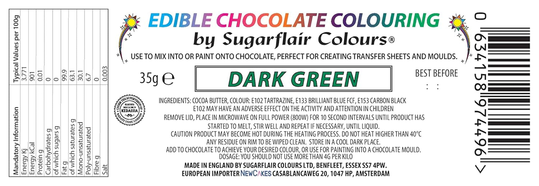 Potravinářské barvivo Sugarflair Chocolate Potravinářské barvivo pro tmavě zelenou čokoládu - Obarvené bio kakaové máslo, čokoládové barvivo pro barvení čokolády, pralinek - 35g