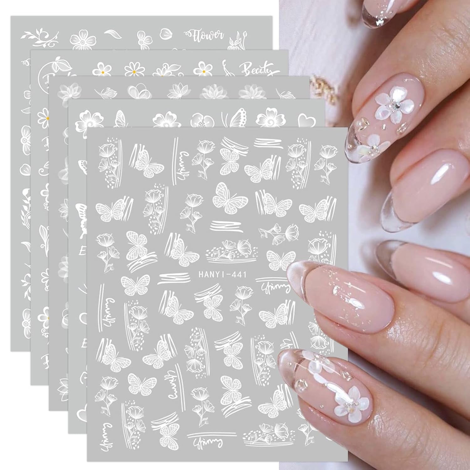 JMEOWIO Nálepka na nehty Frühlings Weiß Blume 12 Blatt Nálepka na nehty Selbtklebend Nagelaufkleber Letní Schmetterling Blumen Blatt Dekoration Nageldesign Zubehör