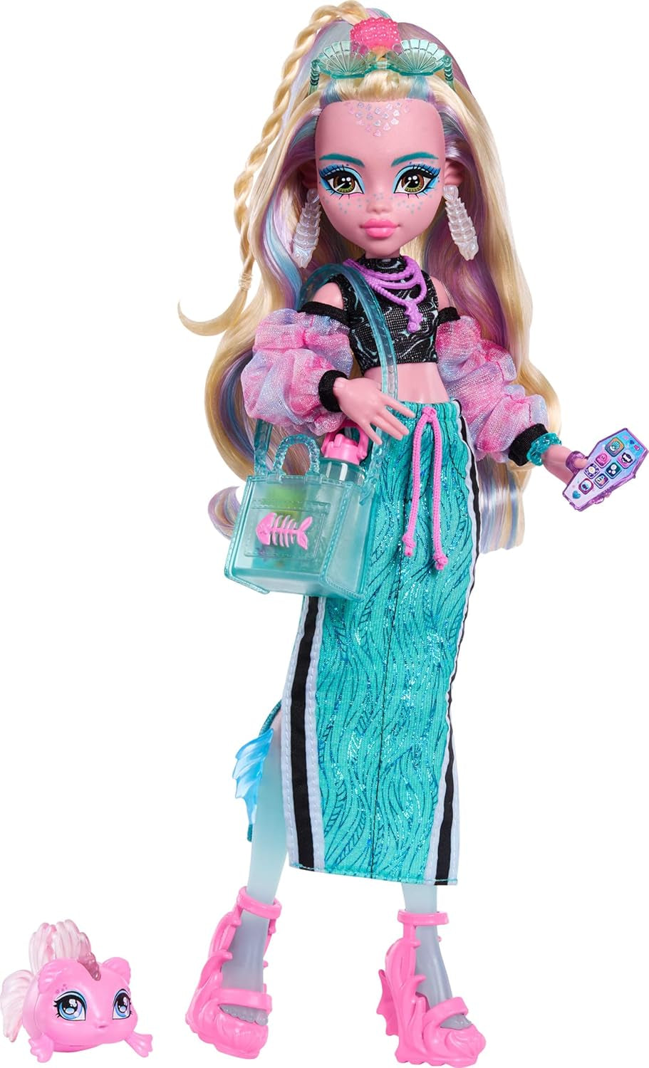 Monster High Lagoona Blue Neptuna Fish Short top a sportovní panenka v maxi sukni se 7 doplňky včetně skořepinových slunečních brýlí, svačiny a tašky, JHK33