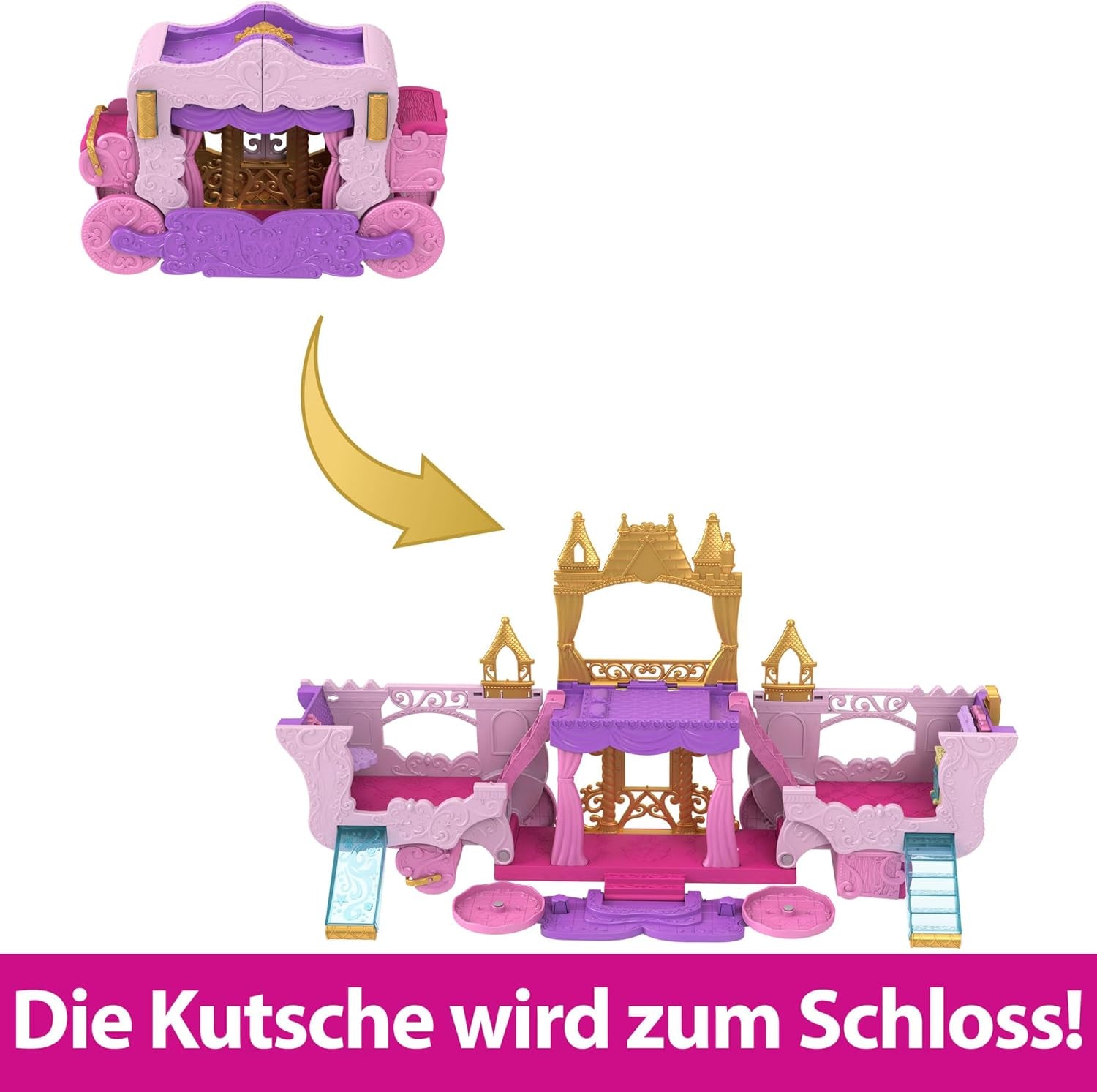 Mattel Disney Princess Transformační herní sada Kočár do hradu s panenkou Aurora, 3 úrovně, 6 herních oblastí, 4 figurky, nábytek a doplňky HWX17 Naty Shop Dolls