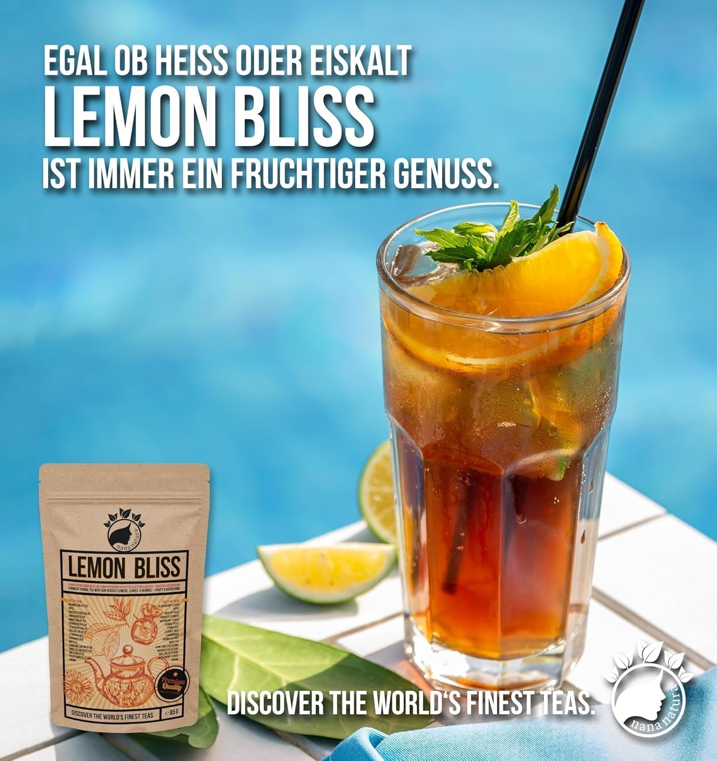 Nananatura Original LEMON BLISS TEA 85G | Ovocný a osvěžující letní bylinkový čaj | Jako studený čaj, ledový čaj nebo klasický horký | S květy, listy a na slunci vyzrálými bobulemi | Žádný cukr