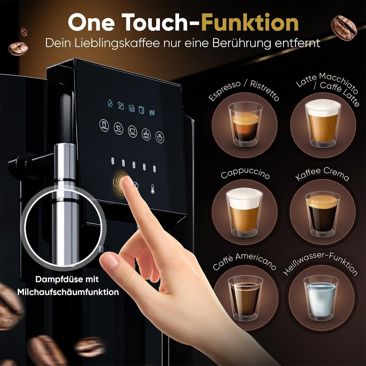 Plně automatický espresso kávovar ProfiCook® s napěňovačem mléka na cappuccino | Kuželový mlýnek | s funkcí ohřevu šálků | Italská profesionální pumpa | Dotykový displej | Espresso | PC KAV 1281