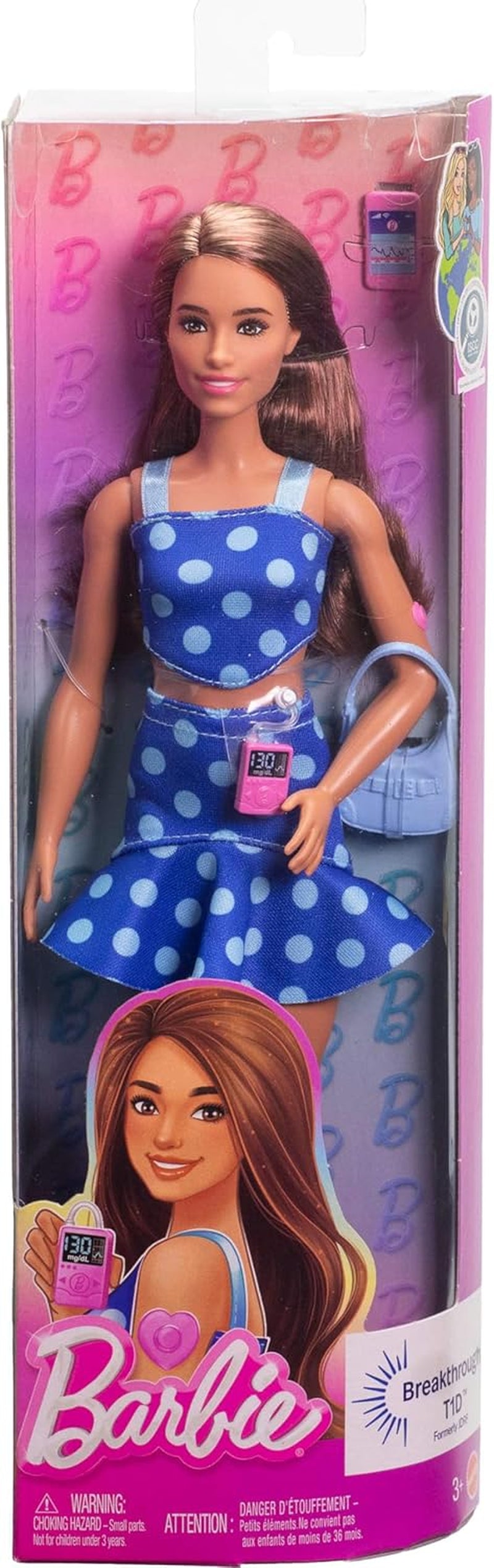 Panenka Barbie Fashionistas #242 s diabetem 1. typu a puntíkovým oblečením a doplňky ve spolupráci s Breakthrough T1D, HYT97