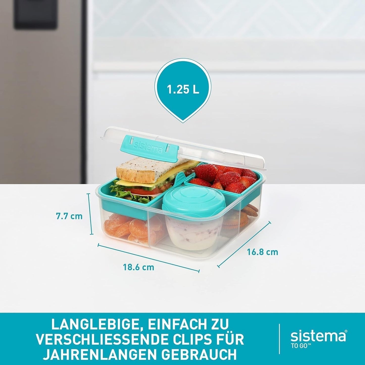 Systém obědových boxů Bento Box TO GO s přihrádkami | Box na oběd 1,25 l s nádobou na jogurt/ovoce | pro děti i dospělé l | Bez BPA Minty Teal [21685-8T], mátově zelená Naty Shop boxy na skladování potravin