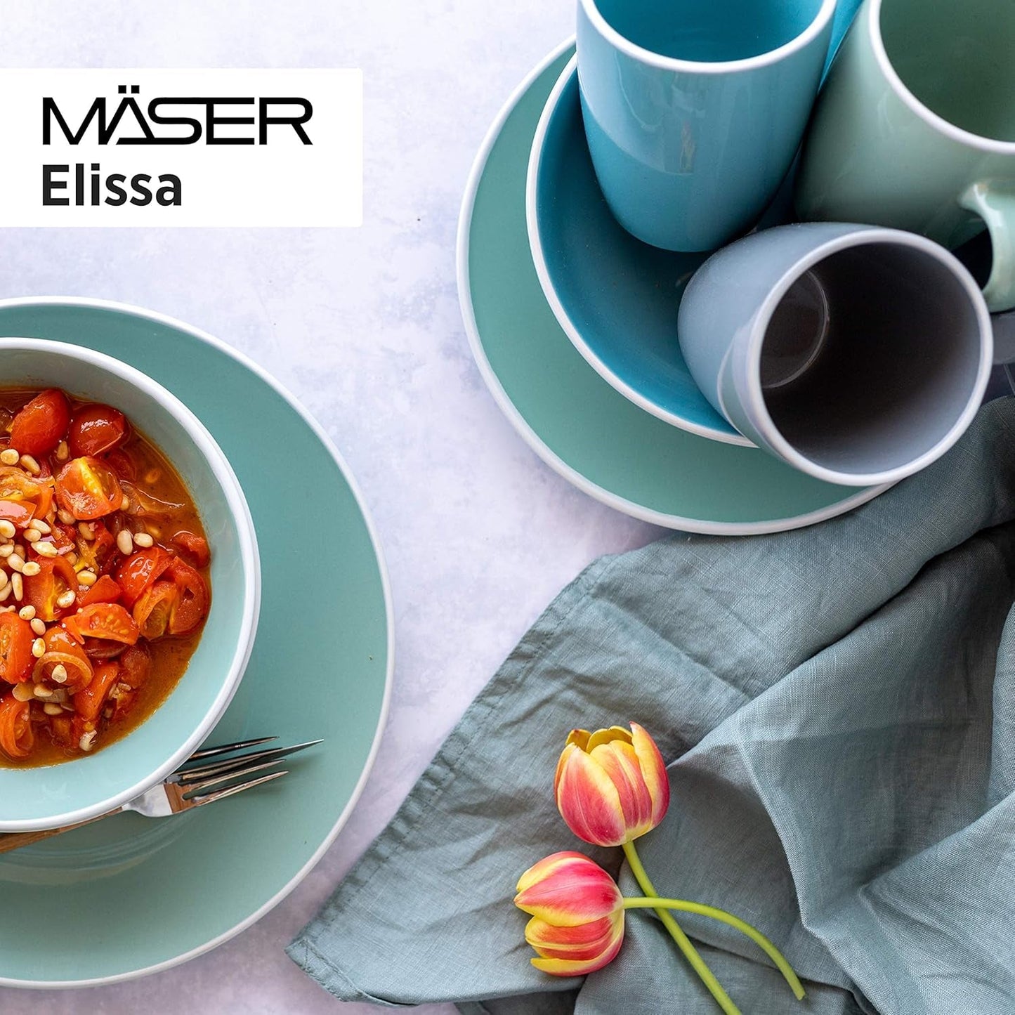 MÄSER 931844 Moderní sada nádobí řady Elissa pro 6, modrá s bílým okrajem, 24dílná kombinovaná sada, keramika