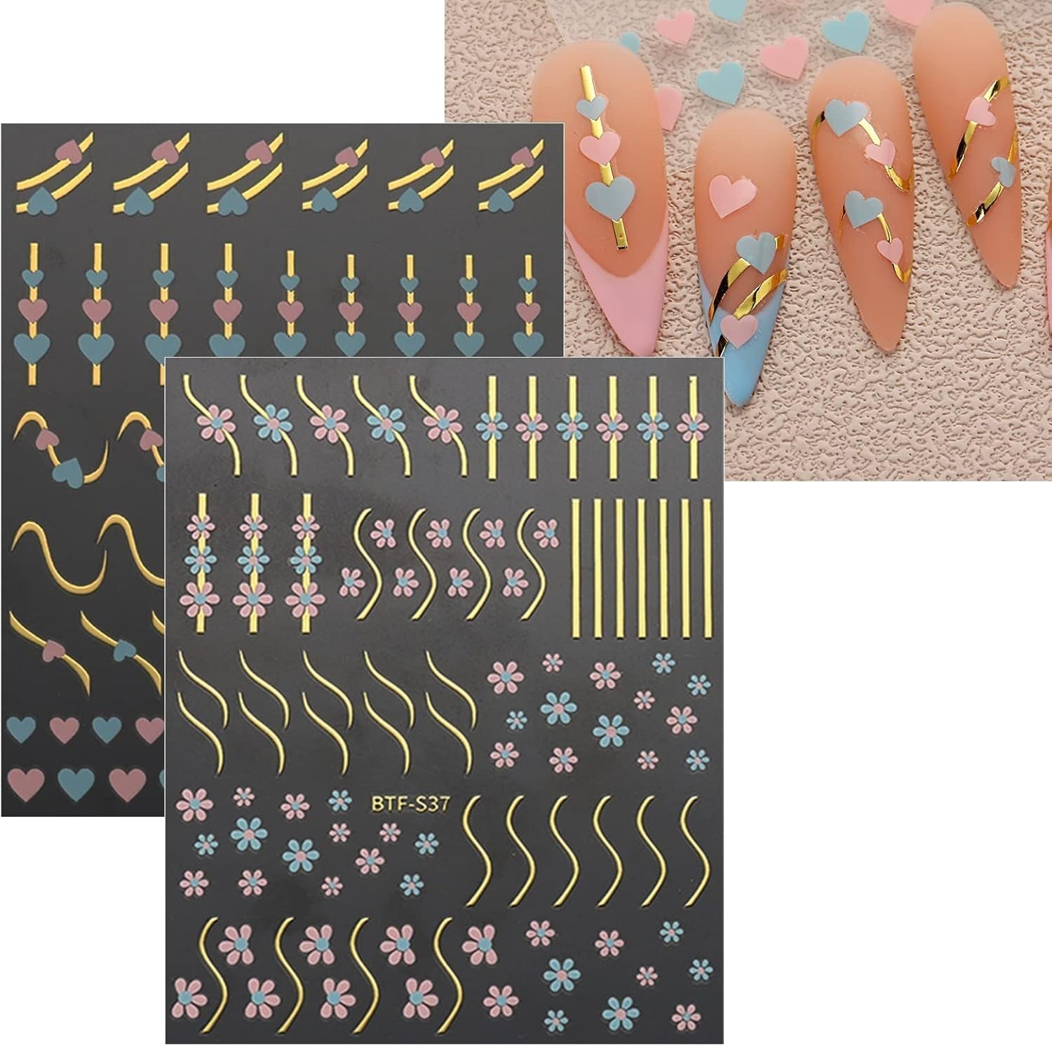 JMEOWIO Nálepka na nehty Herz Linien Blumen 9 Blatt Nálepka na nehty Selbtklebend Nagelaufkleber Bunte Dekoration Nageldesign Zubehör