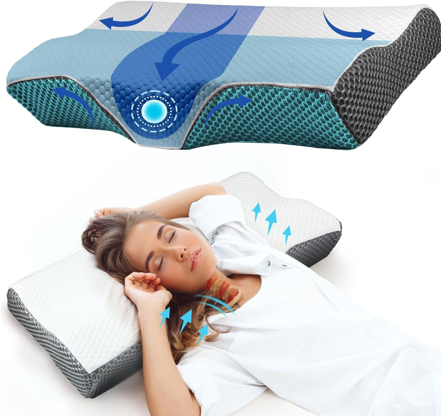 Polštář proti bolesti krku, Ergonomický ortopedický polštář na krk, Polštář s paměťovou pěnou na straně zad, Polštář proti chrápání pro muže Ženy (62 * 34,5 * 12/8CM) Krční ortopedické polštáře Naty Shop