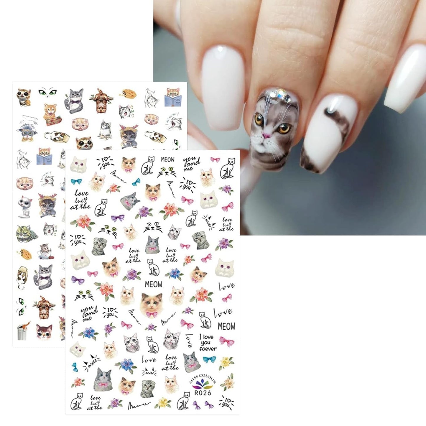 JMEOWIO Nálepka na nehty Tierische 8 Blatt Nálepka na nehty Selbstklebend Nagelaufkleber Katze Niedlich Dekoration Nageldesign Zubehör