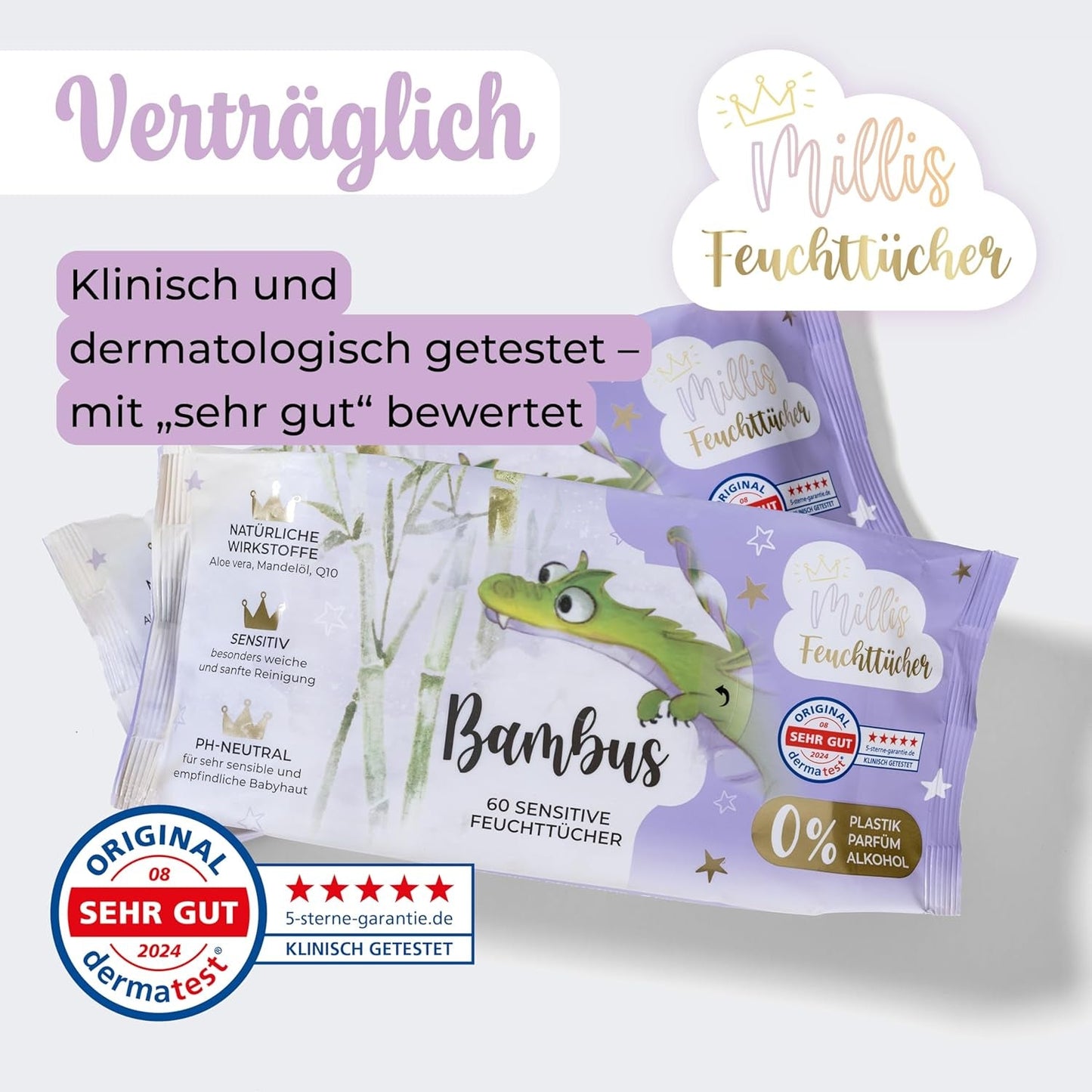 Millis Bamboo Baby Sensitive vlhčené ubrousky pro jemnou dětskou pokožku - 5 x 60 kusů - Přírodní, šetrné a udržitelné čištění - Biologicky odbouratelné dětské ubrousky, bez plastů a alkoholu