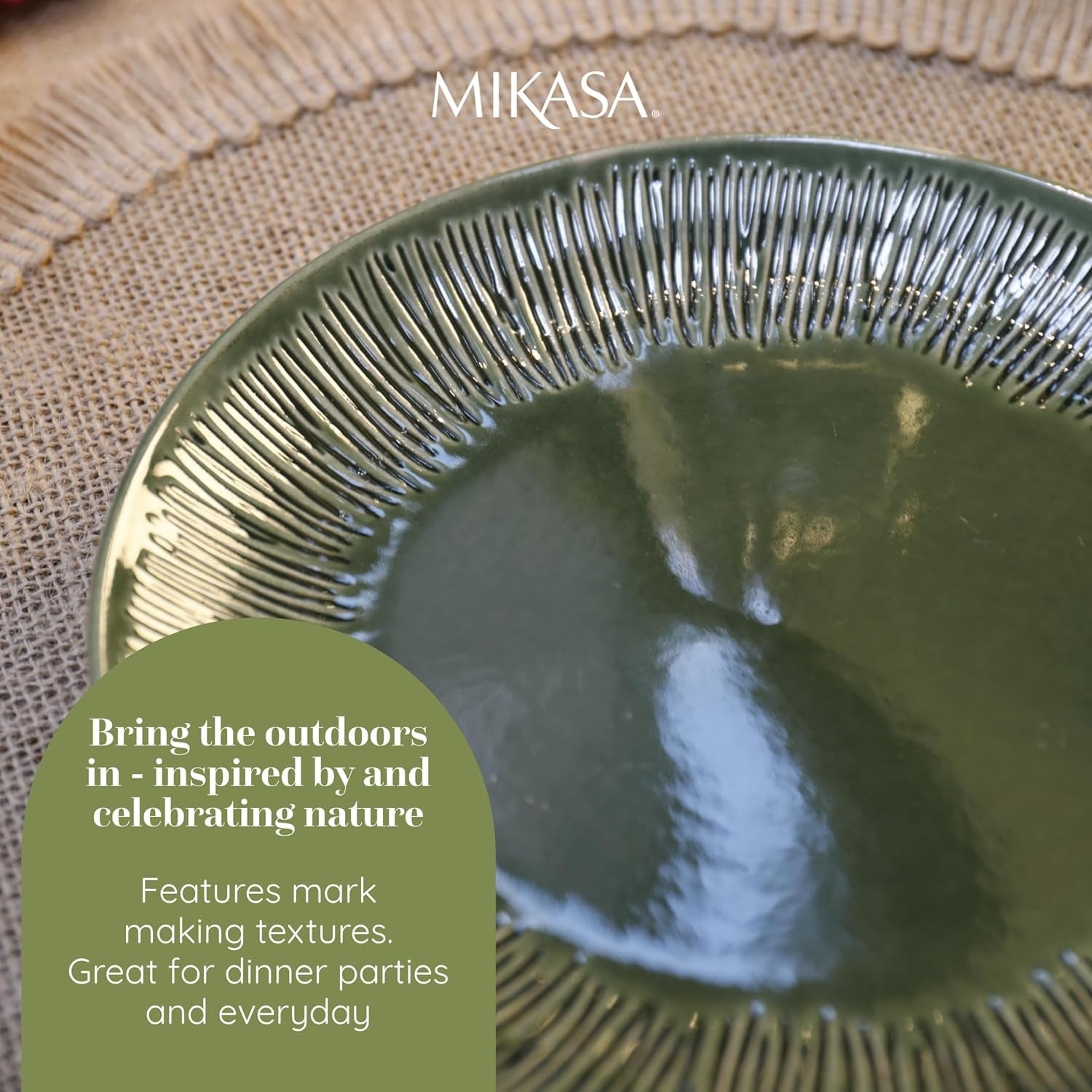 Mikasa Jardin 12dílná sada nádobí, sada kameninového nádobí pro 4 osoby s talíři, odkládacími talíři a misky, zelená – dárková krabička a lze mýt v myčce
