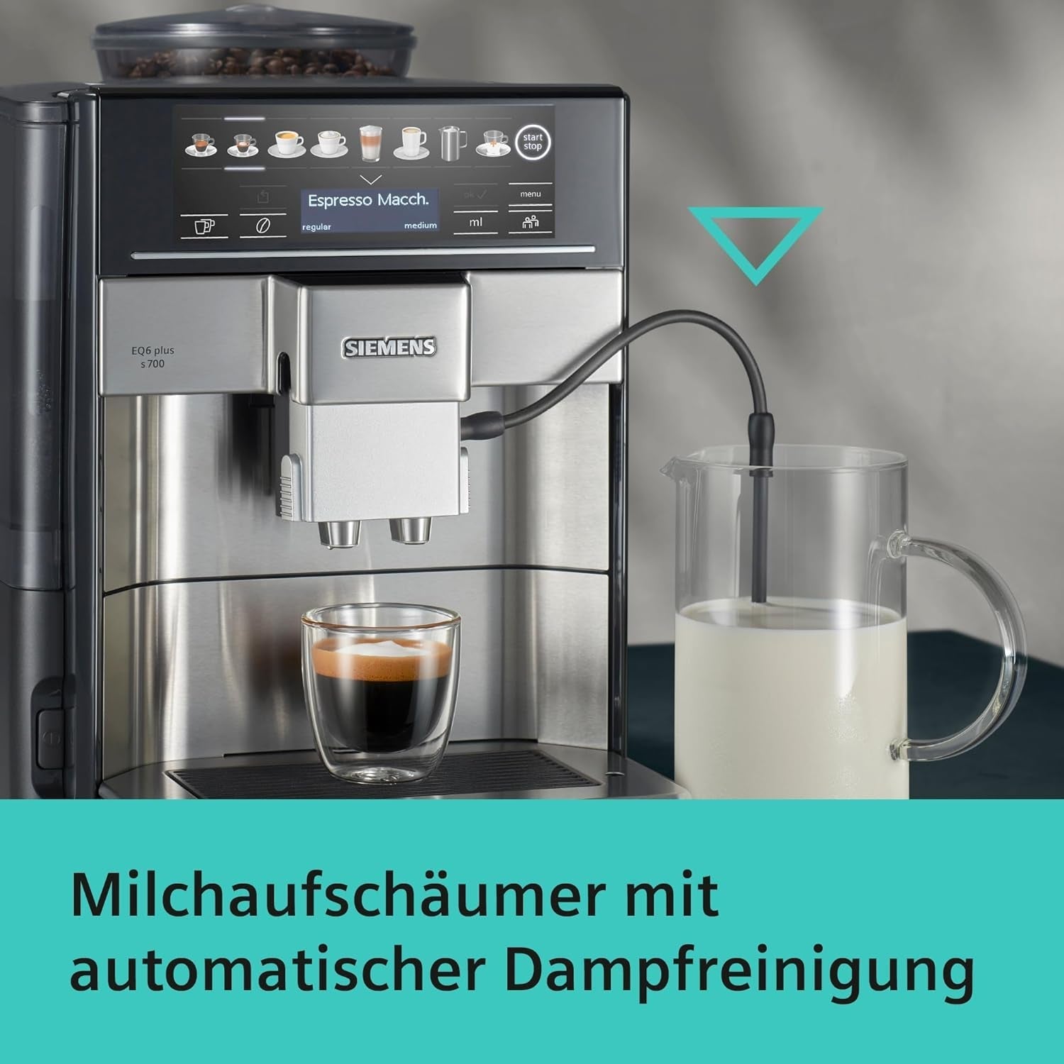 Automatický espresso kávovar Siemens EQ.6 plus s700 TE657503DE, na mnoho kávových specialit, napěňovač mléka, keramický mlýnek, dvojitá funkce kávy, proti vodnímu kameni, automatické čištění párou, 1500 W, nerez