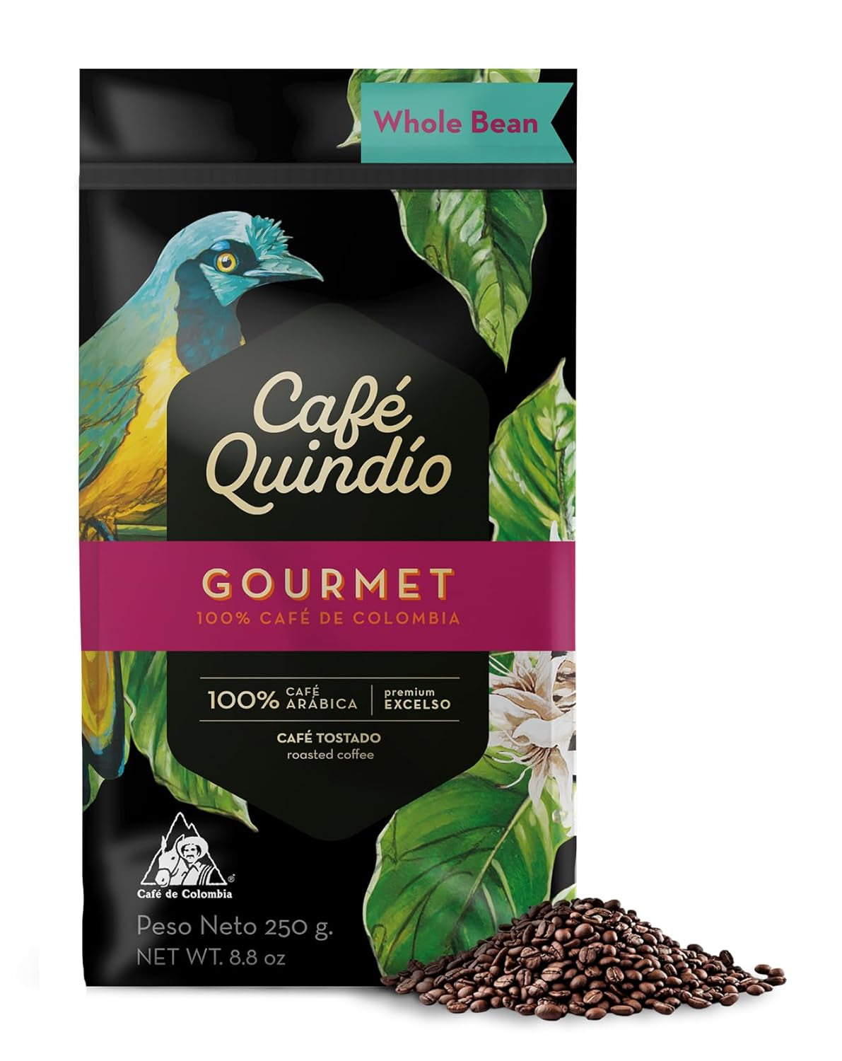 Cafe Quindio Gourmet - Speciální káva - 100% kávová zrna Arabica, Kolumbie, 250 g - ideální pro portafiltrační stroje, plně automatické stroje, filtrovanou kávu nebo French press