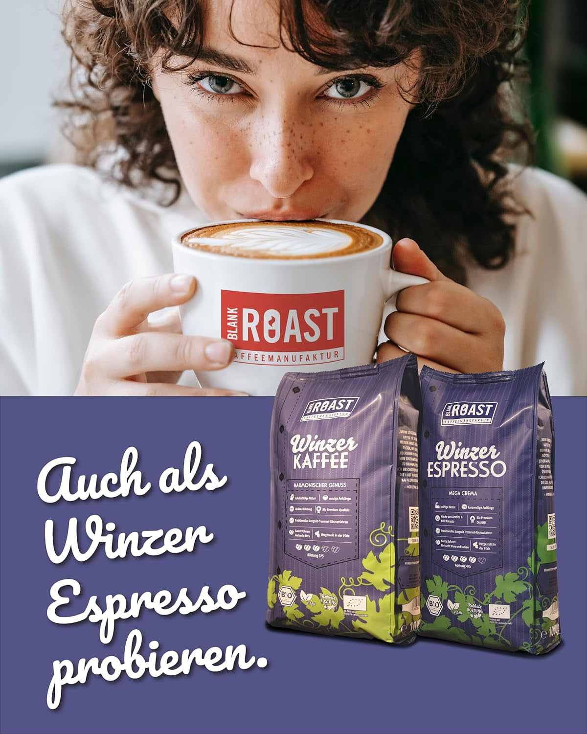 Blank Roast - BIO Winzer Kaffee 1000g - schonend mit Pfälzer Rebholz geröstet - ganze Kaffee-Bohnen aus Peru - 100% Arabica Röstung - schokoladig & nutsig - säurearm