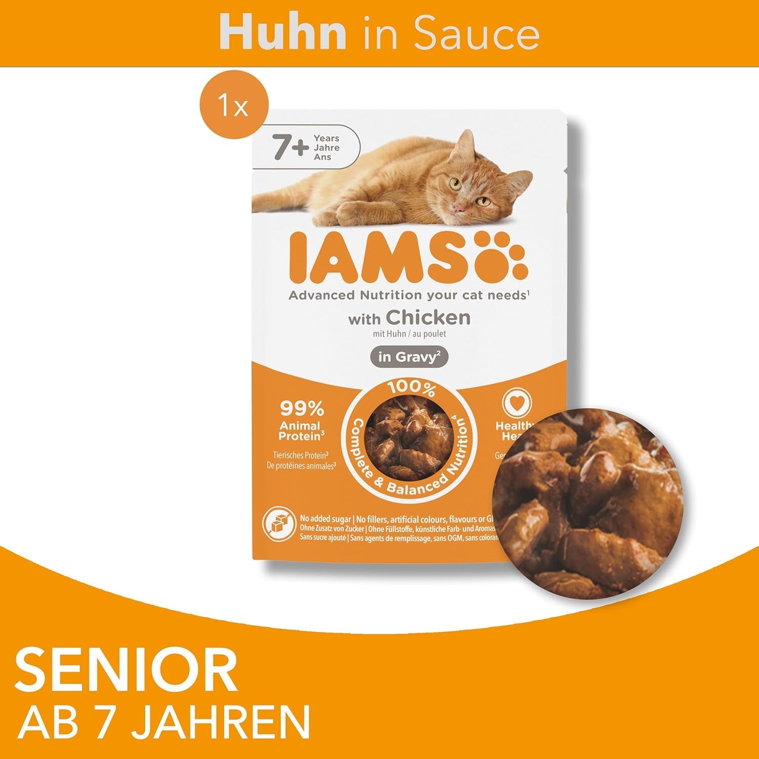 IAMS Delights Mokré krmivo pro kočky s kuřecím masem v omáčce pro starší kočky od 7 let – zkušební velikost, samostatný sáček, 1 x 85 g