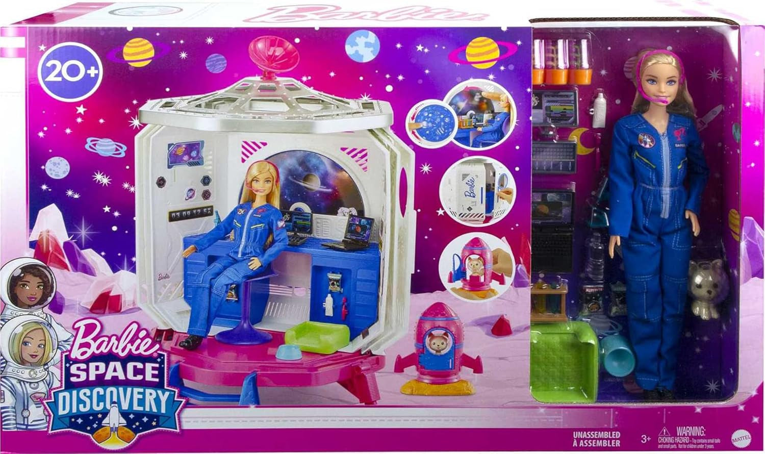 Barbie GXF27 - Vesmírná stanice Vesmírné dobrodružství, Vesmírná panenka, štěně, Pracovní stanice, Vesmírné scény, 20 doplňků, Dárková hračka pro děti od 3 let