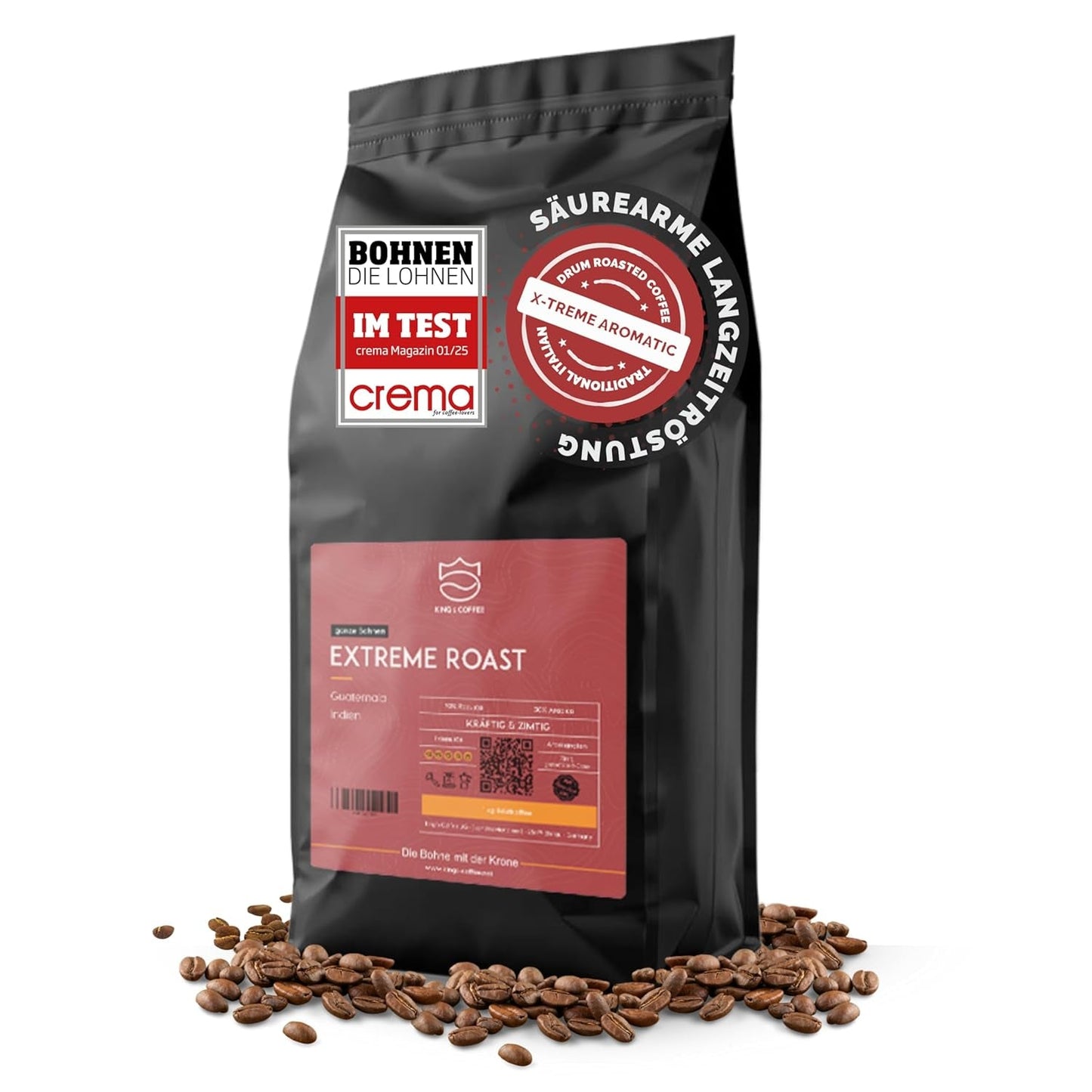 KING'S COFFEE - EXTREME ROAST - Espresso Intenso zrna - velmi nízká kyselost - malodávkové pražení z Itálie - kávová zrna pro plně automatické stroje a portafiltrační stroje - 1 kg