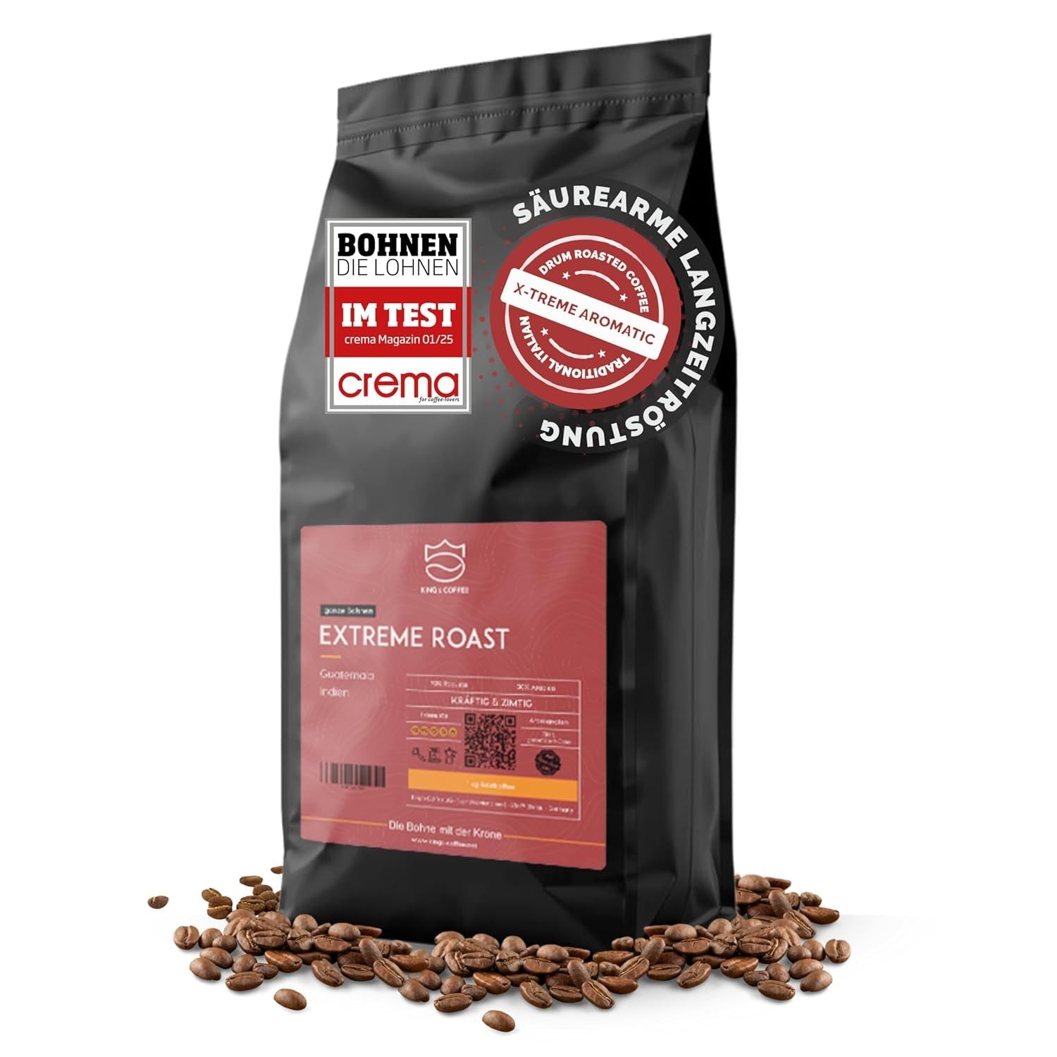 KING'S COFFEE - EXTREME ROAST - Espresso Intenso zrna - velmi nízká kyselost - malodávkové pražení z Itálie - kávová zrna pro plně automatické stroje a portafiltrační stroje - 1 kg
