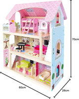 Bino World of Toys Domeček pro panenky s balkonem, Hračka pro batolata od 3 let, se 3 patry, schodištěm, 4 pokoji a balkonem vč. 15-TLG. Doplňky, Pro podporu dětských dovedností, Růžový design domečků pro panenky Naty Shop