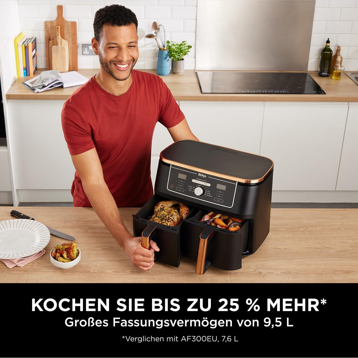 Dvouzónová vzduchová fritéza Ninja Foodi AF400EUCP MAX, vzduchová fritéza 9,5 l, 2 přihrádky, s kleštěmi, nepřilnavý povrch Domácí spotřebiče Naty Shop