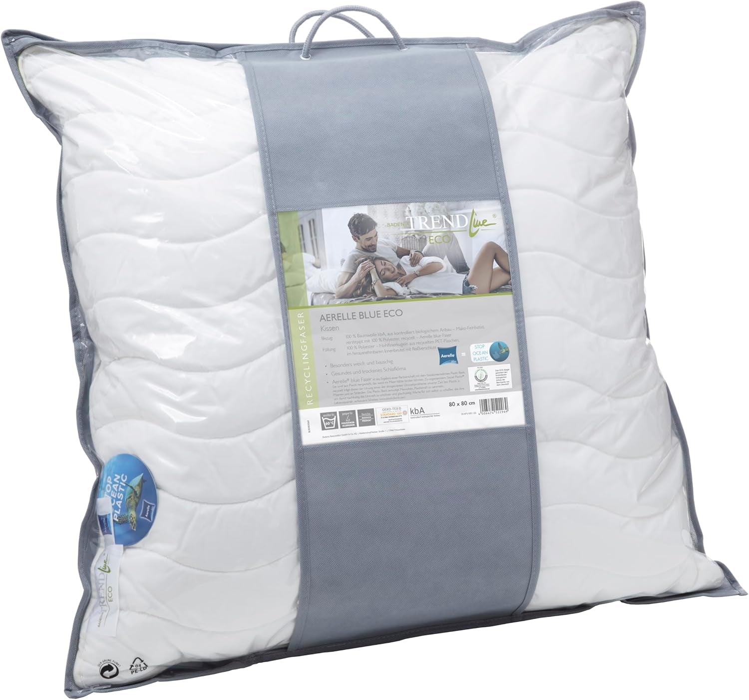Badenia Trendline Eco Polštář Aerelle Blue 80 X 80 Cm, bílý, certifikován Oeko-Tex, vyrobený podle německého standardu kvality Naty Shop standardní polštáře
