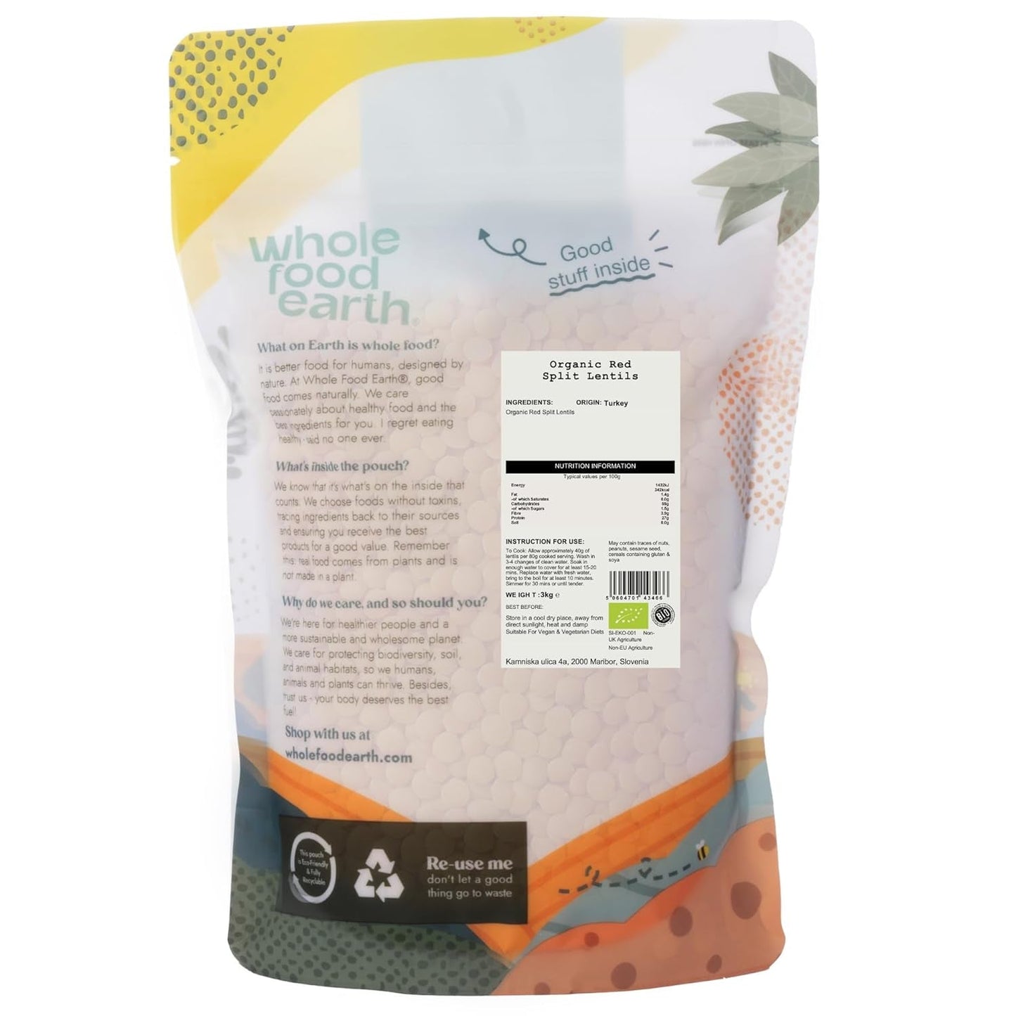 Wholefood Earth Organic Split Red Lentils 3 kg Non-GMO Vegan Vysoký obsah vlákniny Vysoký obsah bílkovin z certifikovaného ekologického zemědělství
