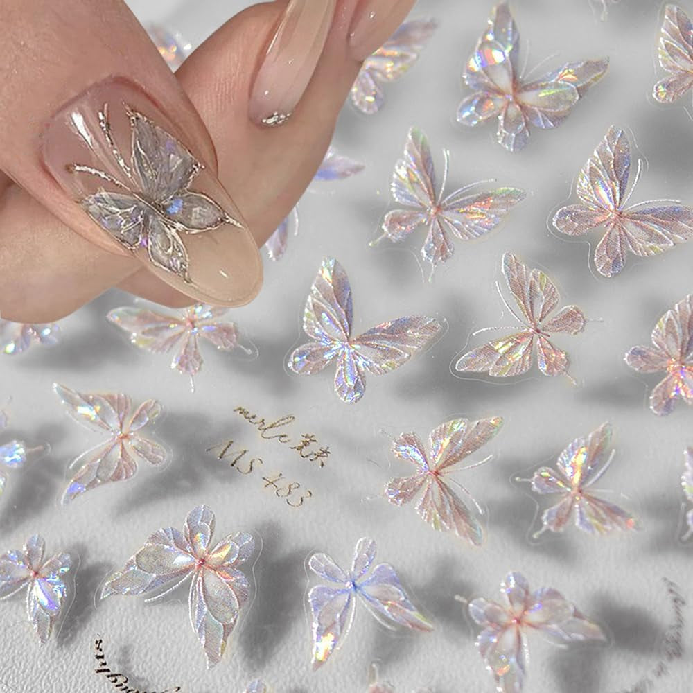 Glänzend Aurora Shell Schmetterling Nálepka na nehty Selbstklebend,Erleichterung Schmetterlinge Nálepka na nehty Rosa Laser Schmetterling Nagelaufkleber Für Frauen Nageldesign Zubehör Nagel Zubehör Nail Art