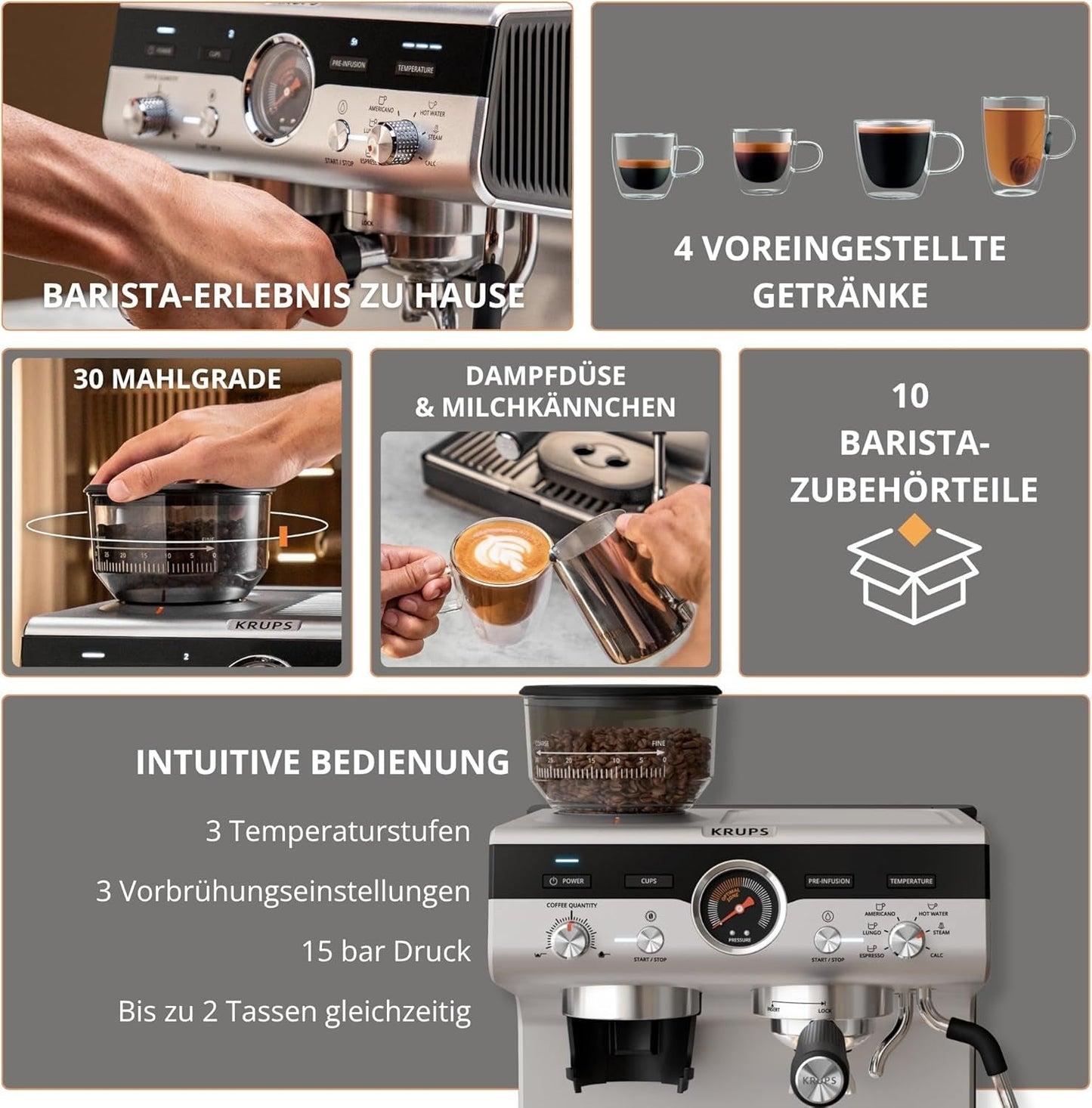 Krups Precision manuální espresso kávovar s portafiltrem a mlýnkem, baristický kávovar s intuitivním ovládacím panelem, nastavení předinfuze, espresso kávovar s parní tryskou, rychlý ohřev, XP801T10
