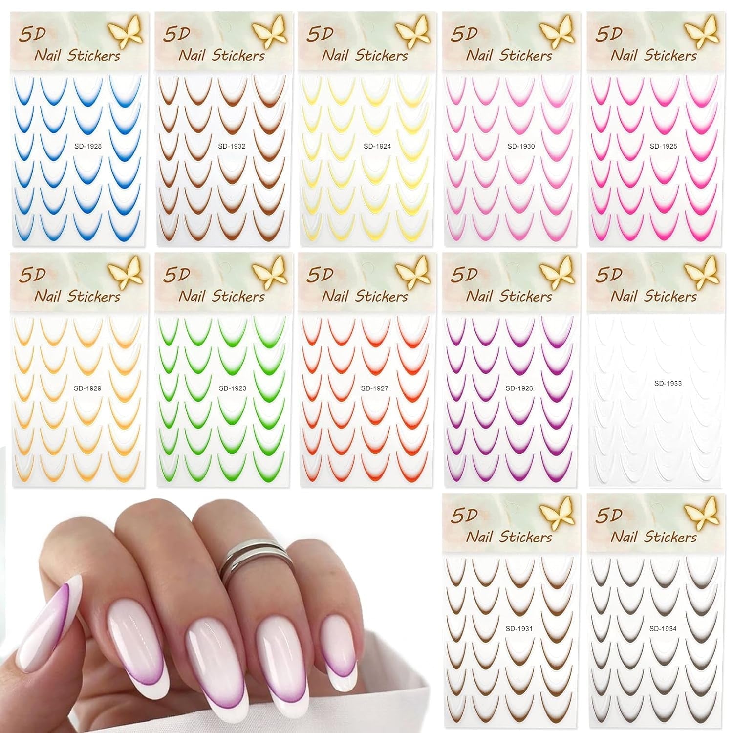 12 Stück French Tip Samolepka na nehty Selbstklebend Bunte Francouzské nehty Schablone Nagelaufkleber Samolepky na nehty Nageldesign DIY Nägel Zubehör(12 barev)