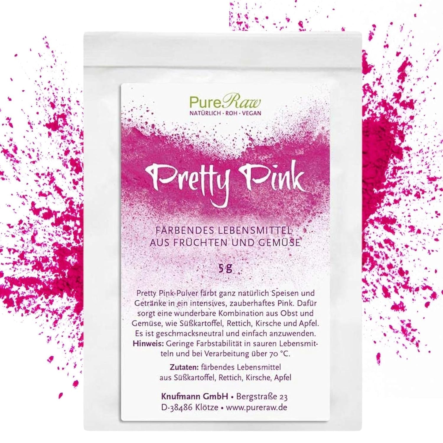Pretty Pink Natürliche Lebensmittelfarbe Pulver Rosa (Roh Vegan) Pastel Rose Bis Intensiv Rosa-Rot - Essbare Farbe Für Lebensmittel Aus Früchten Und Gemüse - Přírodní potravinářské barvivo | Pureraw 5G Naty Shop 5 G (1Er Pack) Růžová