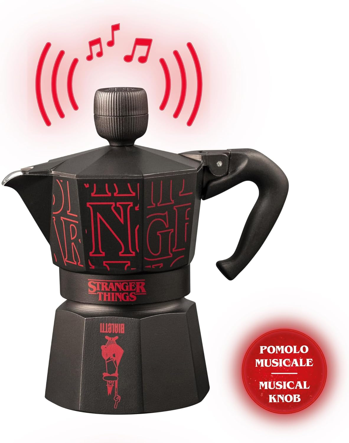 Kávovar Bialetti Moka Express Stranger Things na 3 šálky, Tlačítko Music s funkcí nabíjení USB-C, Nevhodné pro indukční varné desky, 3 šálky (130 ml), Černá