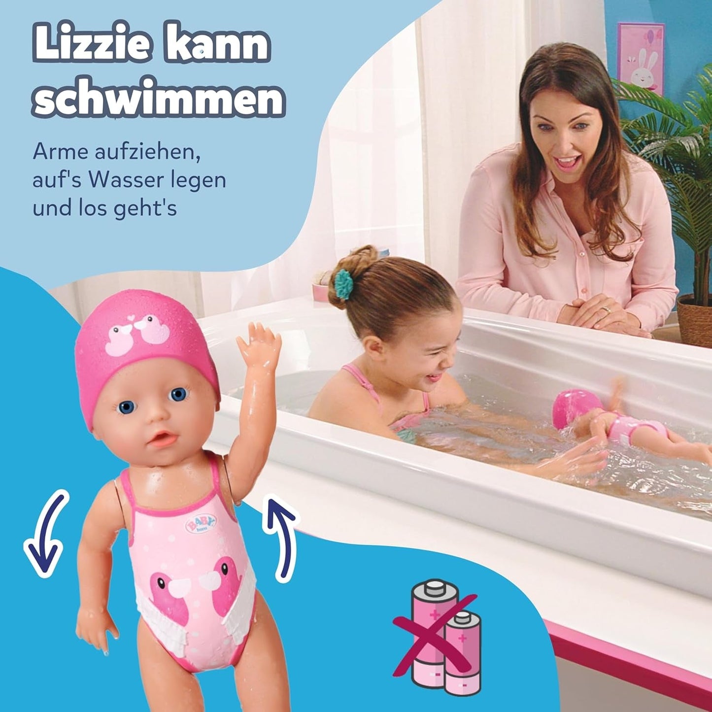 BABY Born My First Swimmer Girl - Panenka 30 cm - Panenka do vany s otočným mechanismem, Vodotěsná - Funguje bez baterií - Vhodné pro děti od 1 roku